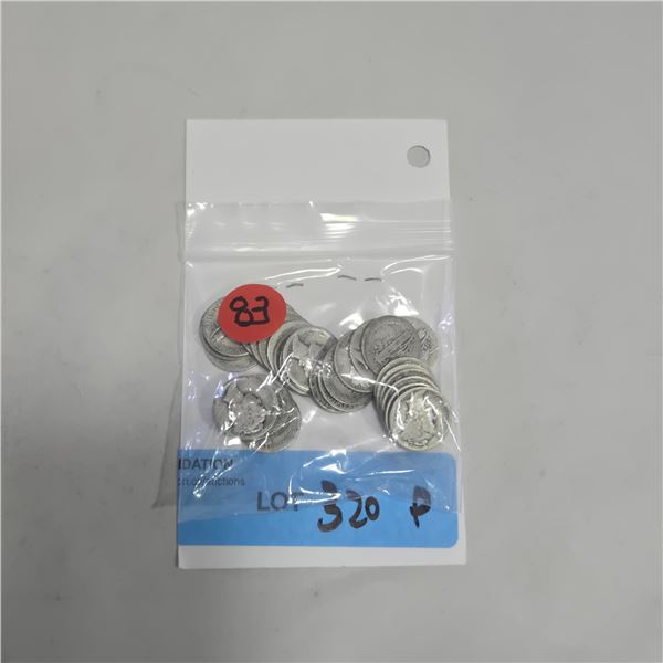 30 US Silver "Mercury" Dimes - 90% Silver - 1945 and Earlier * Circulated