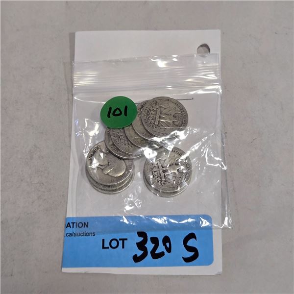 10 US 1940s Silver Quarters - 90% Silver - Circulated