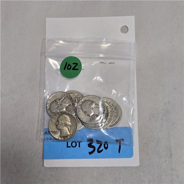 10 US 1940s Silver Quarters - 90% Silver - Circulated