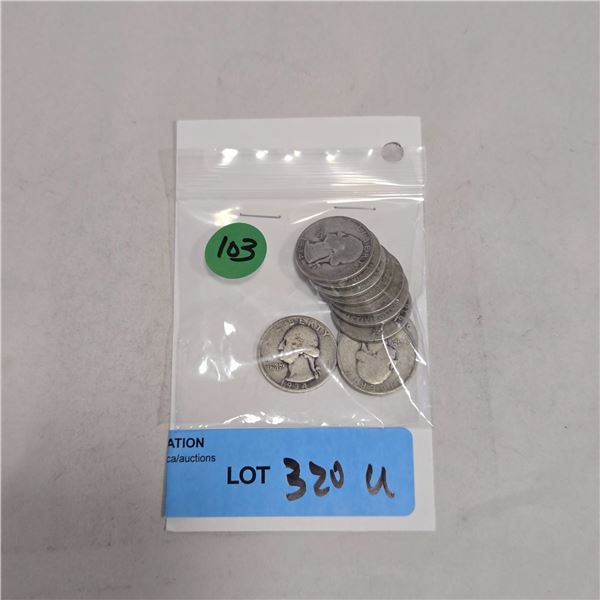 10 US 1930s Silver Quarters - 90% Silver - Circulated