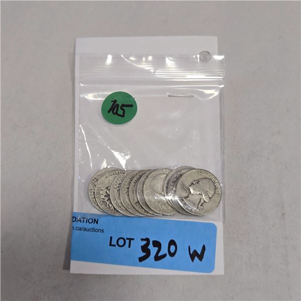 10 US 1940s Silver Quarters - 90% Silver - Circulated
