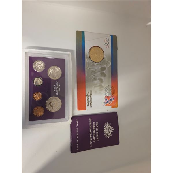 Group of Australian Commemorative Coins (2 Silver Jubilee Uncirculated Coin Sets & Sydney 2000 Stamp