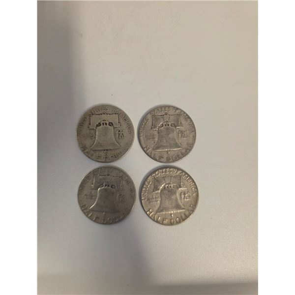 4 US 1950s Franklin Silver Half Dollar Coins - 90% Silver - ( 2 x 1951 & 2 x 1954) Circulated