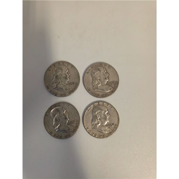4 US 1950s Franklin Silver Half Dollar Coins - 90% Silver - ( 1 x 1953 & 3 x 1957) Circulated