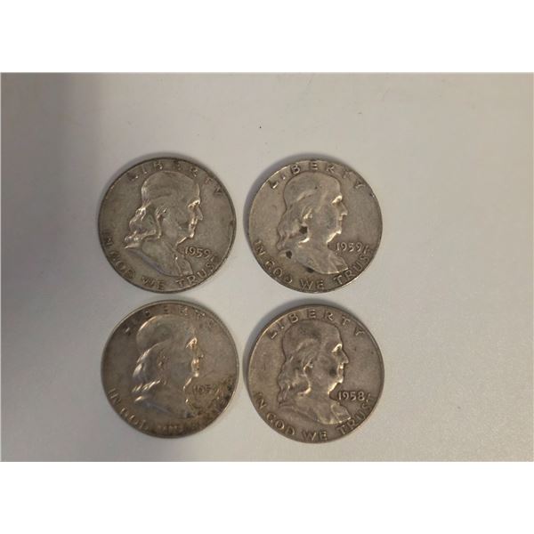 4 US 1950s Franklin Silver Half Dollar Coins - 90% Silver - (1 x 1958 & 3 x 1959) Circulated