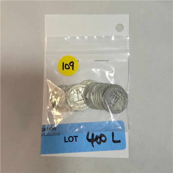 10 US 1950s Silver Quarters - 90% Silver - Circulated
