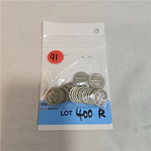 30 US Silver "Mercury" Dimes - 90% Silver - 1945 and Earlier * Circulated