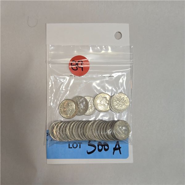 30 US "Roosevelt" Silver Dimes - 90% Silver - 1964 and Earlier * Circulated