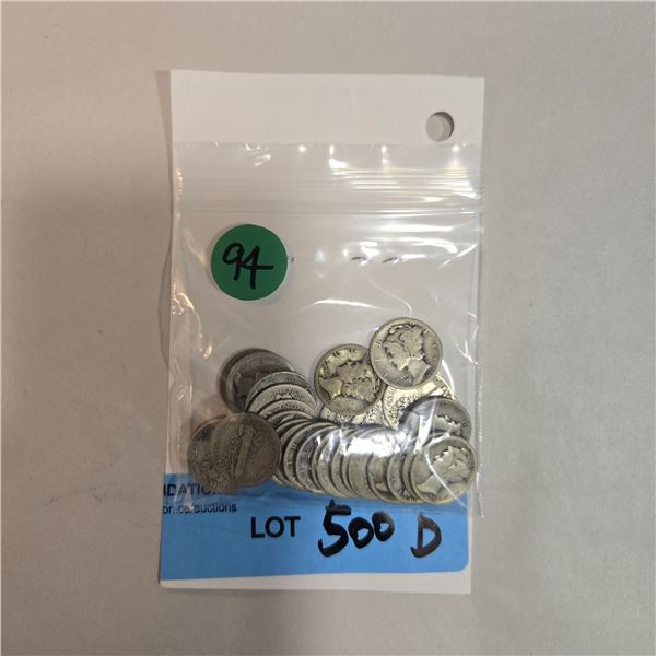 30 US Silver "Mercury" Dimes - 90% Silver - 1945 and Earlier * Circulated