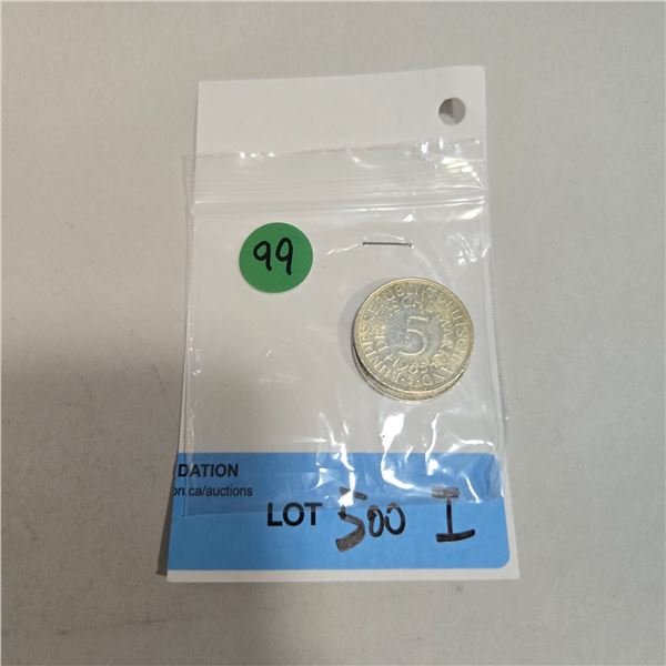 2 German 5 Deutschemark Silver Coins - 62.5% Silver (1965 & 1971