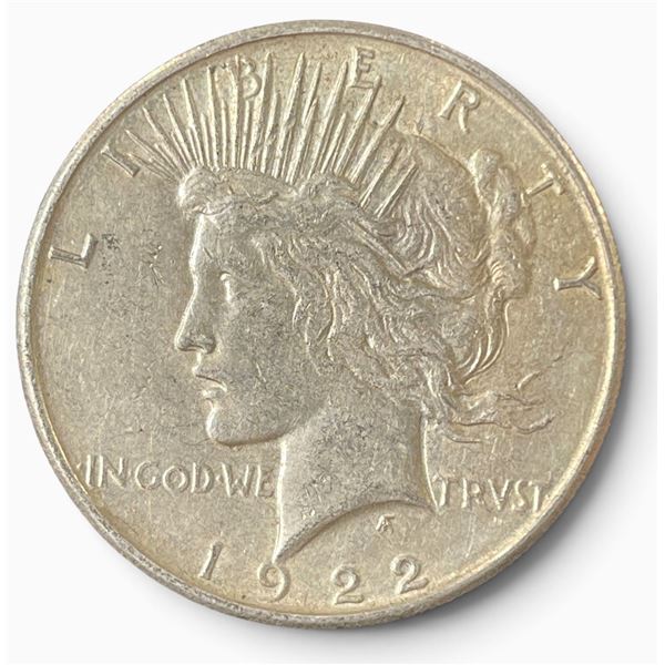 1922 US Peace Silver Dollar Coin - 90% Silver -  San Francisco Mint - Circulated