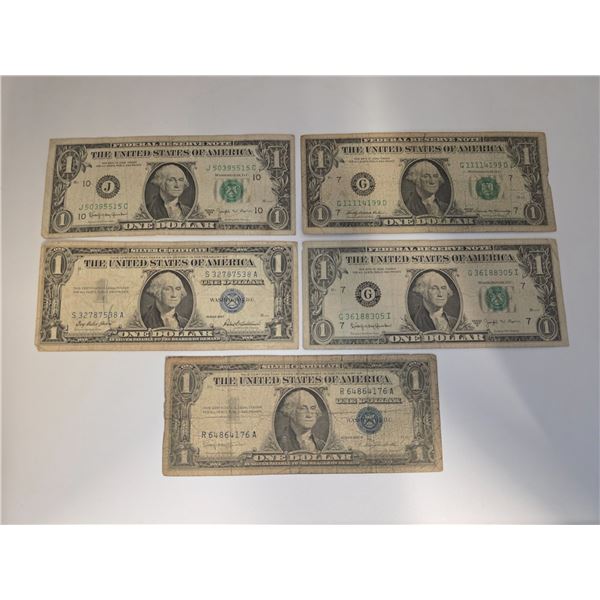 5 Vintage US One Dollar Bills - (1957 & 1957B with Blue Seal, 2 x 1963B Green Seal & 1 x 1969 Green 