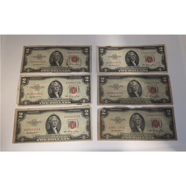 6 US 1953 Two Dollar Red Seal Banknotes - (2 of the notes are sequential) Prefixes are all A * Circu