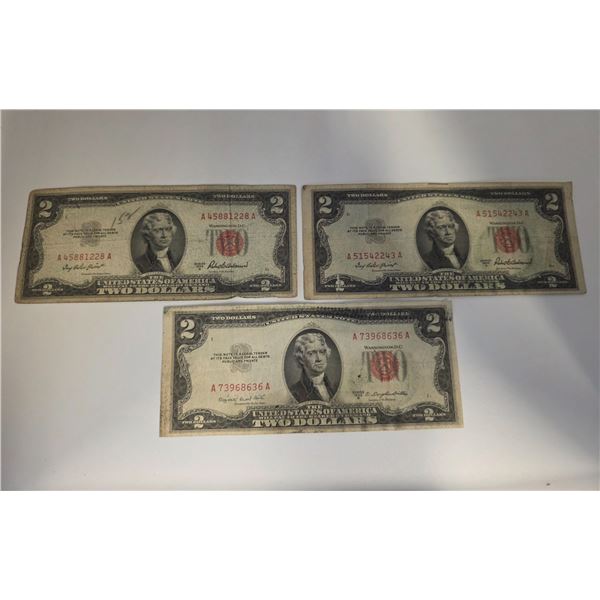 3 US 1953 A & B Two Dollar Red Seal Banknotes - (2 x 1953A & 1  1953B) Prefixes are all A - Circulat