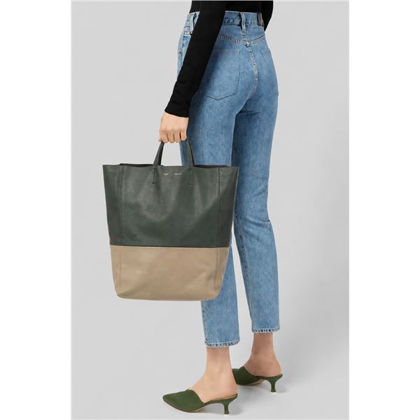 CELINE Green Beige Lambskin Vertical Cabas Tote Bag - Pre-Owned