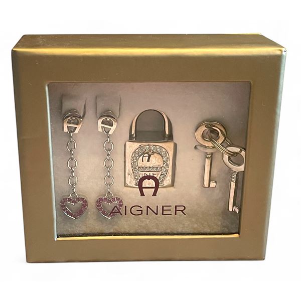 Aigner Crystal Heart Silver Tone Earrings & Padlock Set