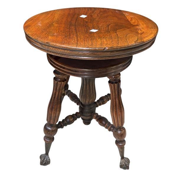 Antique Victorian Wood Piano Stool with Ball & Claw, H17.5" x Dia. 14.5"