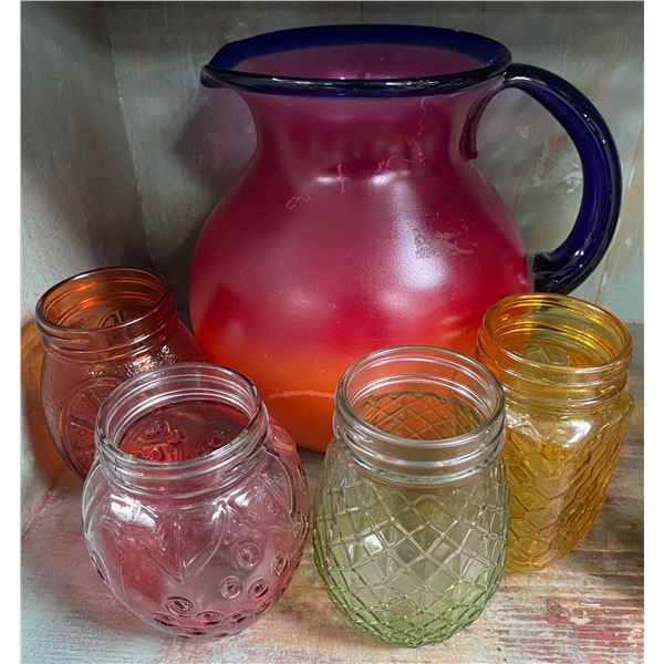 Red Glass Pitcher with 4 Colourful Drinking Glasses