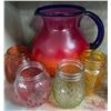 Image 1 : Red Glass Pitcher with 4 Colourful Drinking Glasses