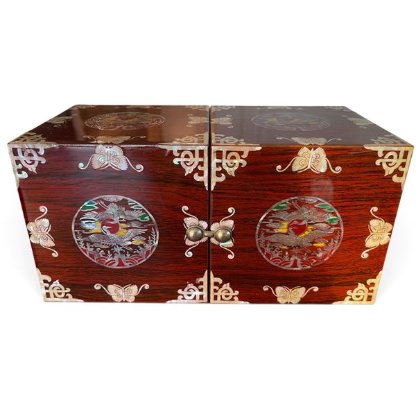 Asian Mother of Pearl Wooden Jewelry Box, H12 x W24 x 12 cm