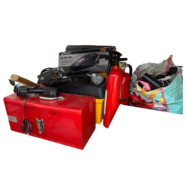 Group of Misc - red metal toolbox labeled "Sockets + Vice Grips," a couple of cordless/corded power 