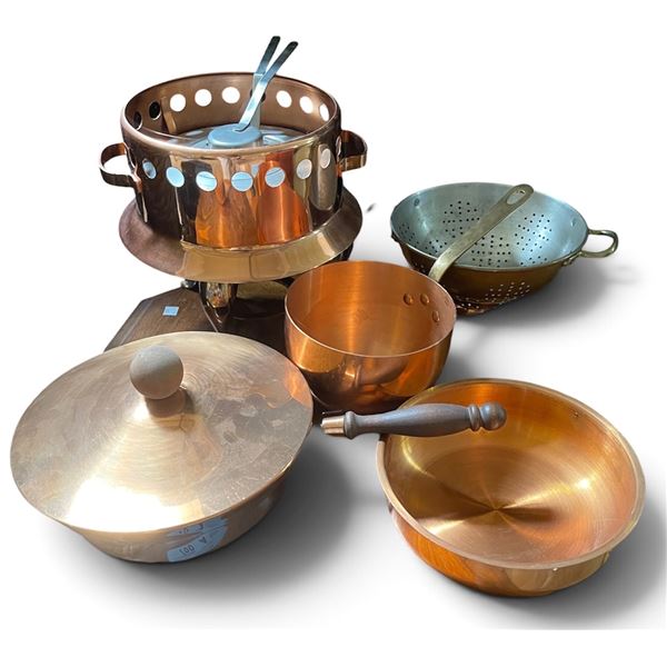 Group of 5 Copper-Tone Chafing Dishes and Fondue Pots