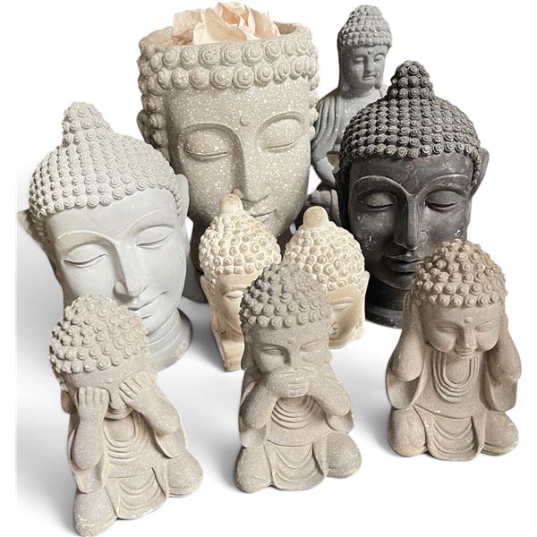 9-Pcs Buddha Head Planters & Statues - Various Sizes