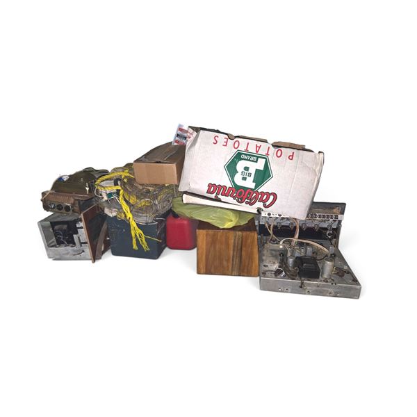 Vintage Radio Chassis & Miscellaneous Garage Lot: Rope, Parts, Storage Box & Assorted Hardware