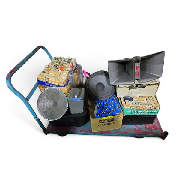 Large Group of PA/Speaker Horns, Woofer Cones, Blue Capacitors & Boxed NOS Vacuum Tubes (Admiral, Sy