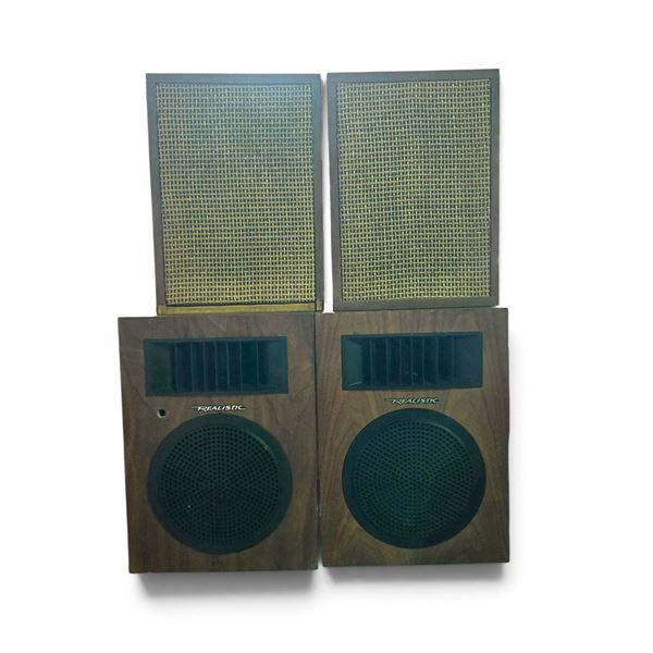Pair of Vintage Realistic Wood-Cabinet Bookshelf Speakers with Woven Grille Covers