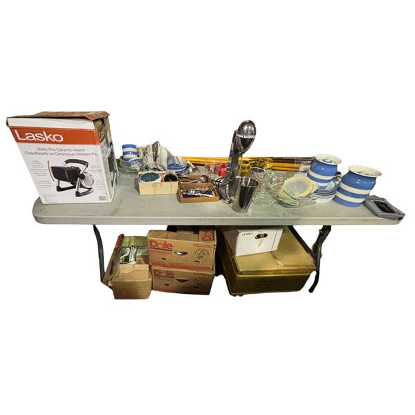 Vintage Kitchenware & Barware Lot – Cornishware Canisters, Hamilton Beach Drink Mixer, Silv