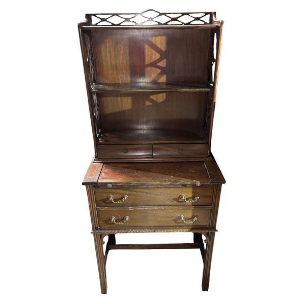 Vintage Wood Writing Desk with Open Display Shelves and Drawers, H54" x W24" x D15"