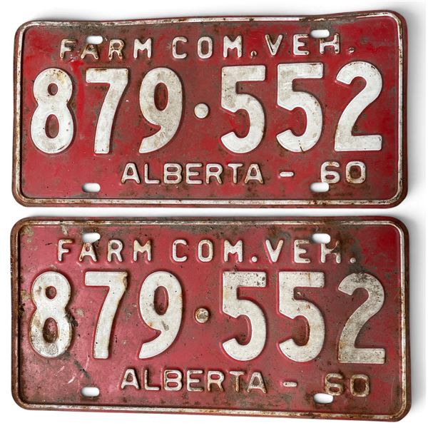 Pair of Vintage 1960 Alberta, Farm Com. Veh License Plates 879 552