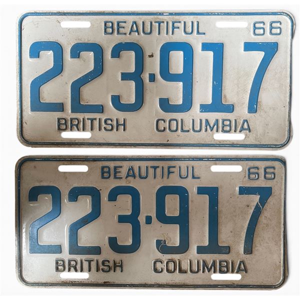 Pair of Vintage 1966 British Columbia License Plates 223 917