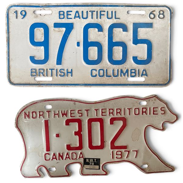 2 Vintage License Plates - 1968 British Columbia & 1977 NWT Polar Bear Plate