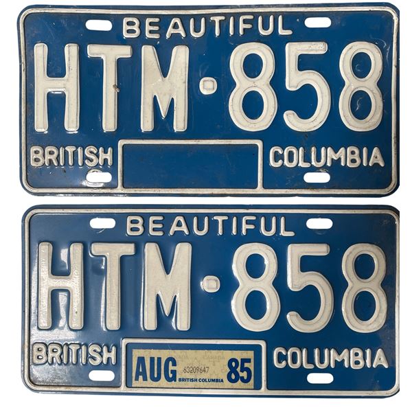 Pair of Vintage British Columbia License Plates HTM 858 - 1985 Sticker