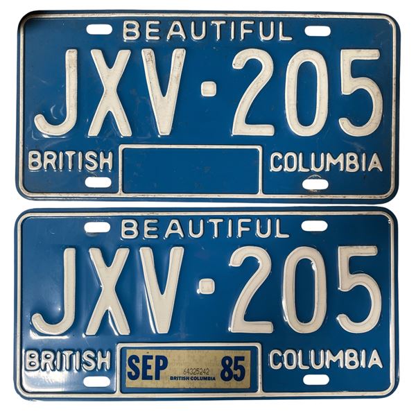 Pair of Vintage British Columbia License Plates JXVÂ·205 - 1985 Sticker