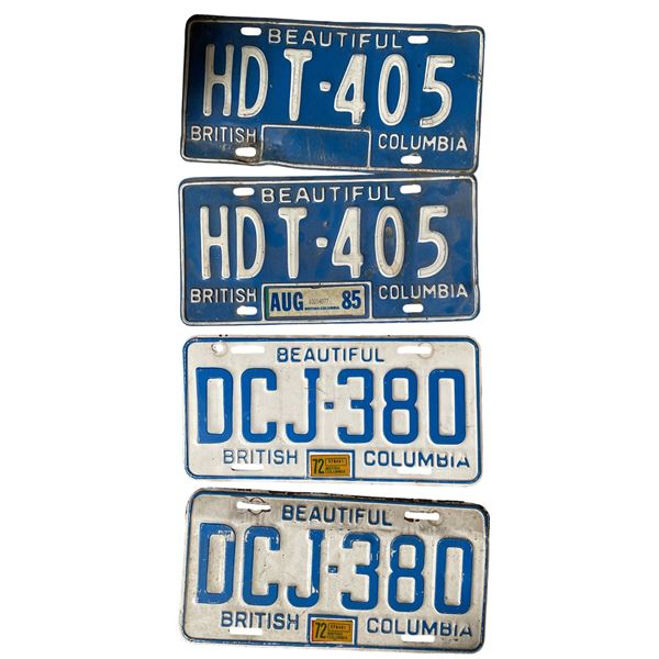 2 Matching Pairs Vintage British Columbia License Plates HDT 405 & DCJ 380