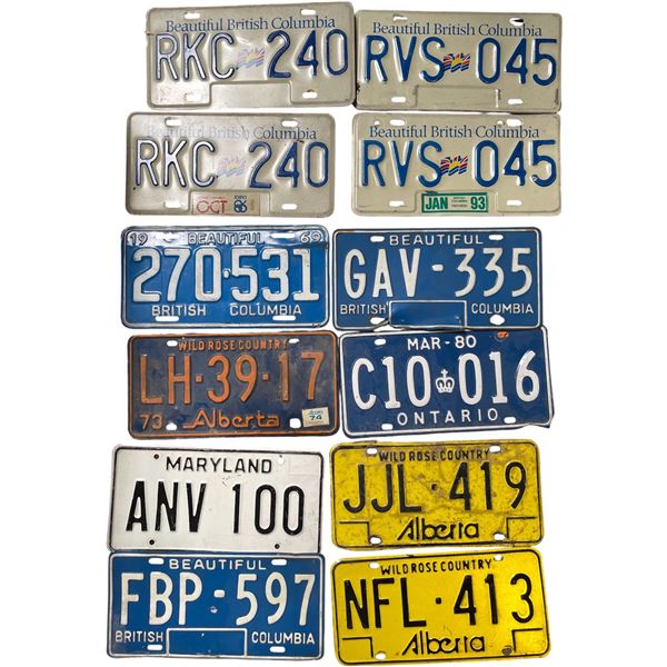 Group of 12 Vintage Canadian & US License Plates (BC, Alberta, Ontario, Maryland)