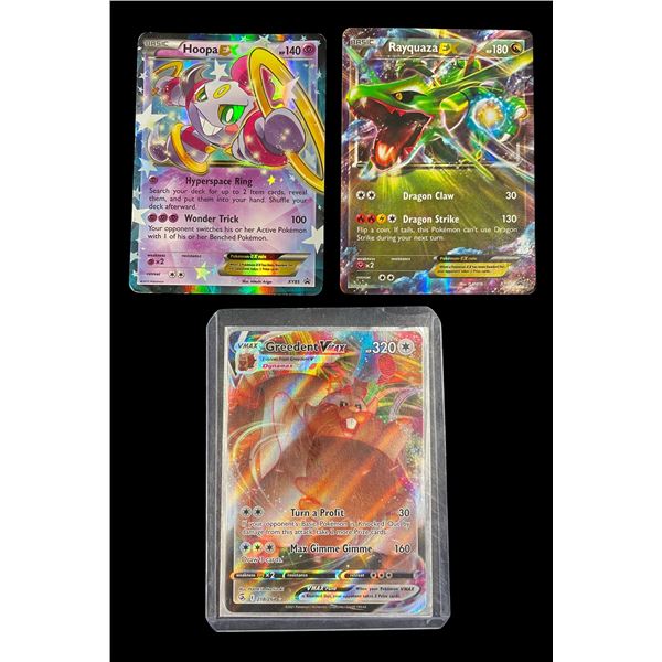 Group of 3 - Pokémon Holofoil Card: Rayquaza EX, Hoopa EX & Greedent VMAX
