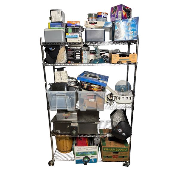 Shelf Lot - Assorted Vintage Electronics, Household Appliances & Storage Items