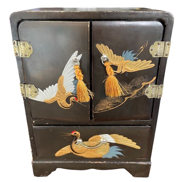Vintage Japanese Crane Mini Jewelry Chest with Contents, H8" x W6"