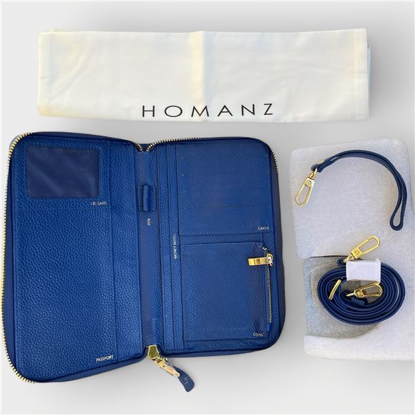 Homanz Blue Pebble Leather Zip-Around Travel Organizer Wallet