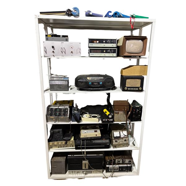 6 Shelves of Assorted Vintage Electronics, Meters, Radios, Amplifier, and More