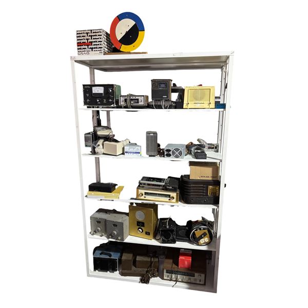 6 Shelves of Assorted Vintage Electronics,, Radios, Amplifier, and More