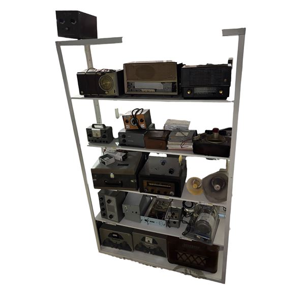 6 Shelves of Assorted Vintage Electronics,, Radios, Amplifier, and More