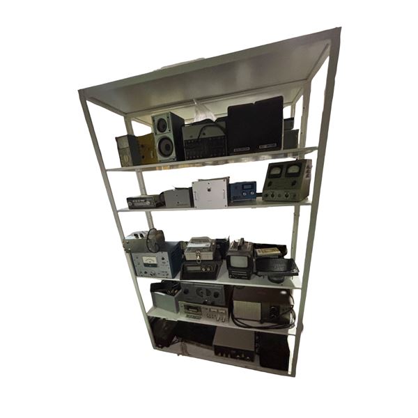 5 Shelves of Assorted Vintage Electronics,, Radios, Amplifier, and More