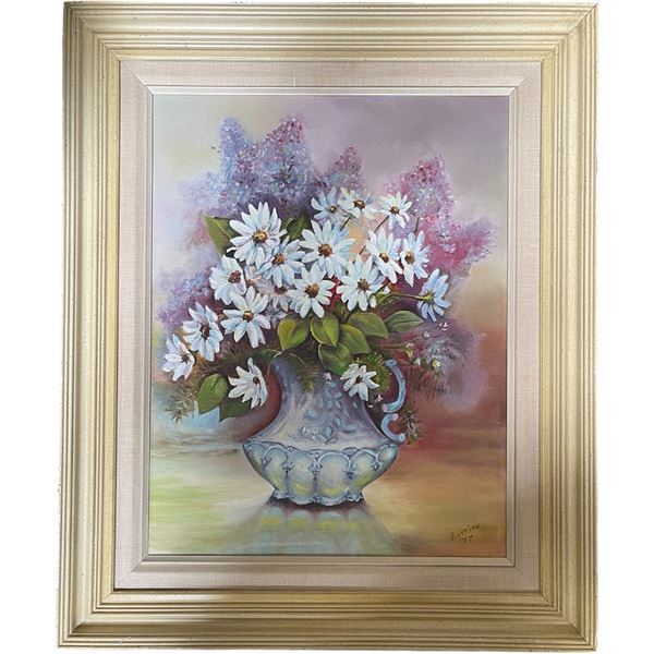 Still Life Oil Painting: Daisies & Lilacs, Signed 'Lorrine' ('77), Framed 23.5" x 19.5"