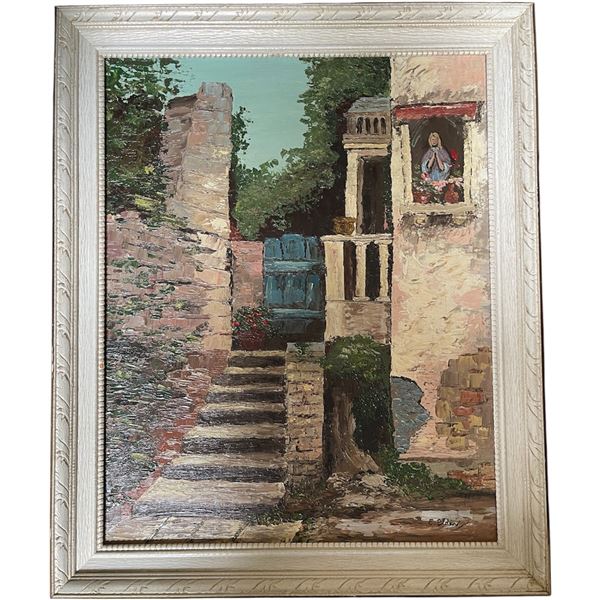European Village Street Scene, Oil on Board, Signed 'E. Elden, Framed 23" x 18.5"
