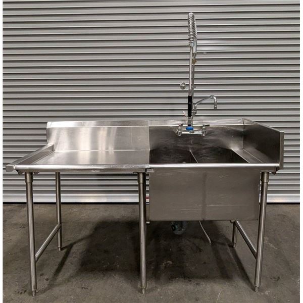 14" x 26" x 13" Two Tub Sink W/Drainboard & Pre-Rinse Faucet